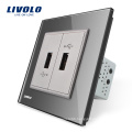 Livolo Gray Crystal Glass Panel 2 Gang USB Plug Socket Wall Electric Outlet VL-C792U-15